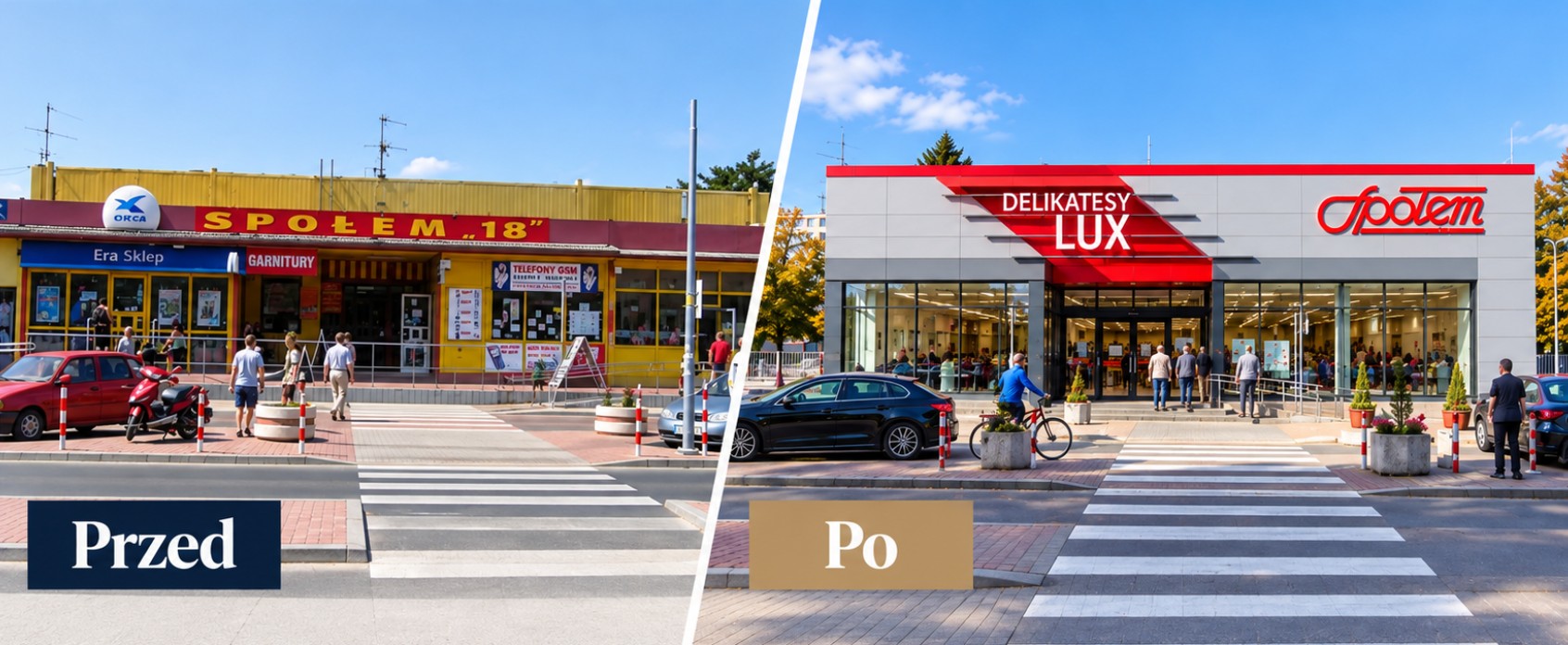 Delikatesy LUX SPOŁEM przy ul. Okulickiego 18 w Stalowej Woli przed i po przebudowie