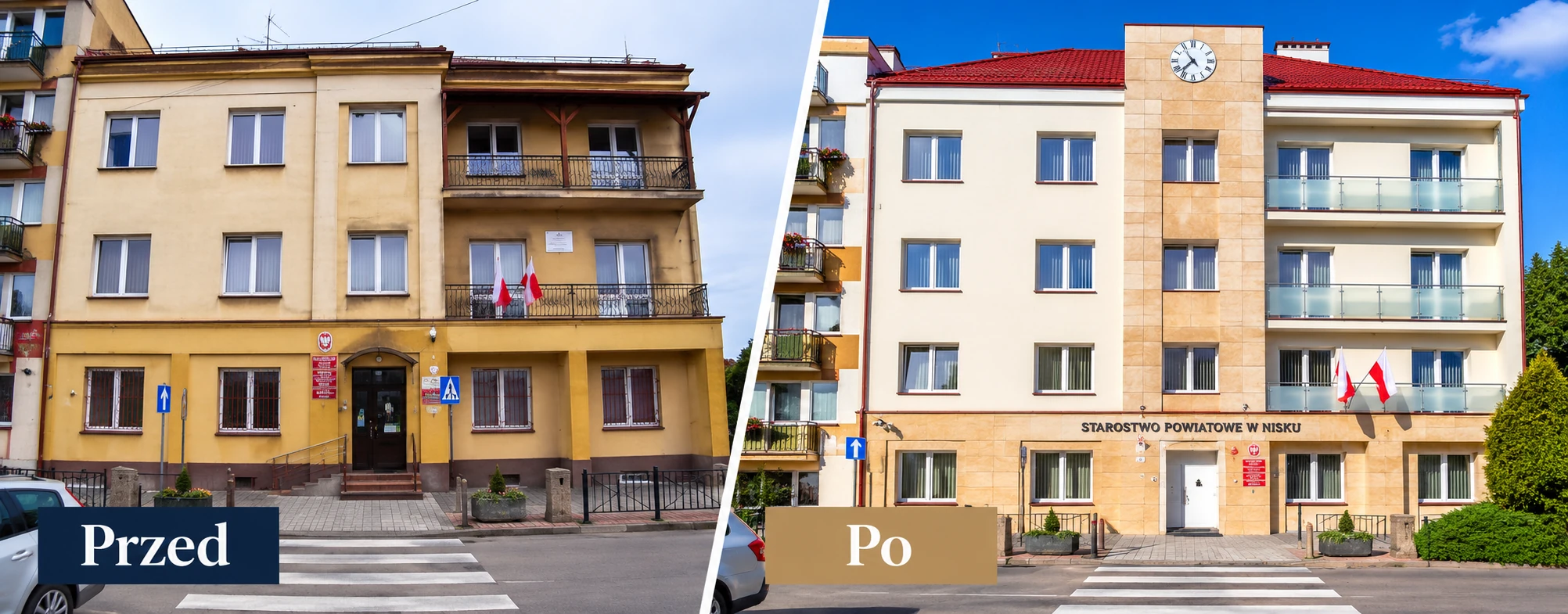 Budynek Starostwa Powiatowego w Nisku przed i po realizacji
